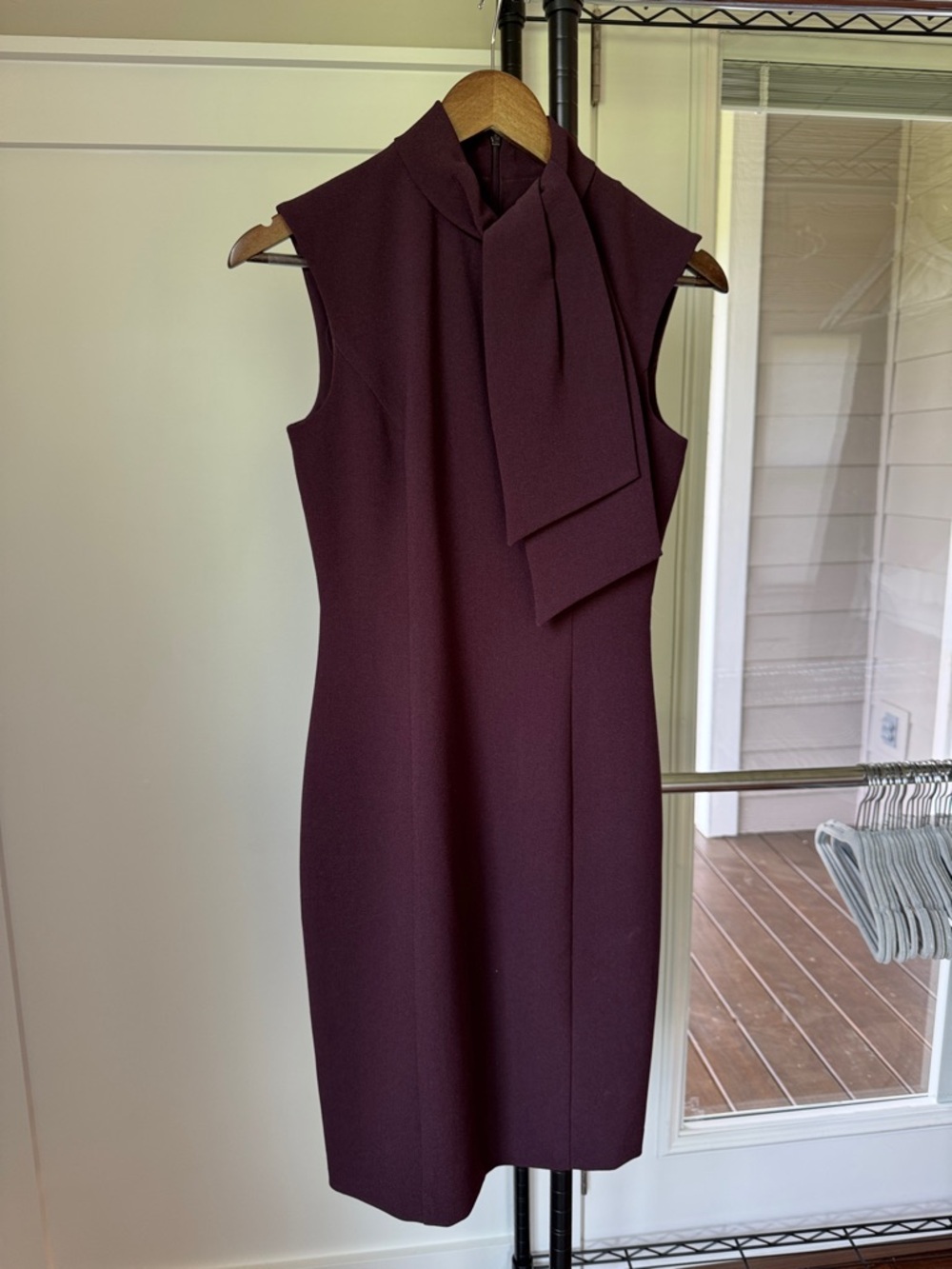 Sleeveless Tie-Neck Midi Sheath Dress in Plum